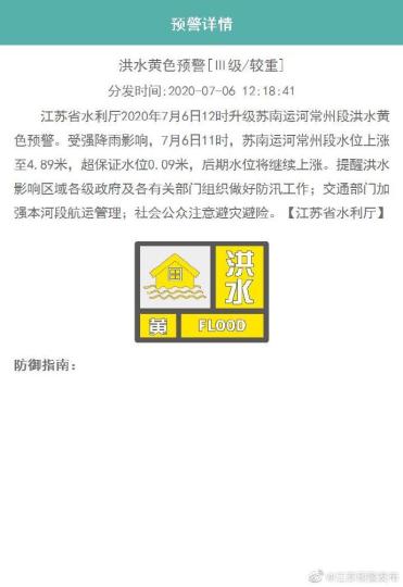 江苏省水利厅2020年7月6日12时升级苏南运河常州段洪水黄色预警。江苏省突发事件预警信息发布中心截图