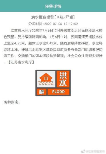 江苏省水利厅2020年7月6日12时升级苏南运河无锡段洪水橙色预警。江苏省突发事件预警信息发布中心截图