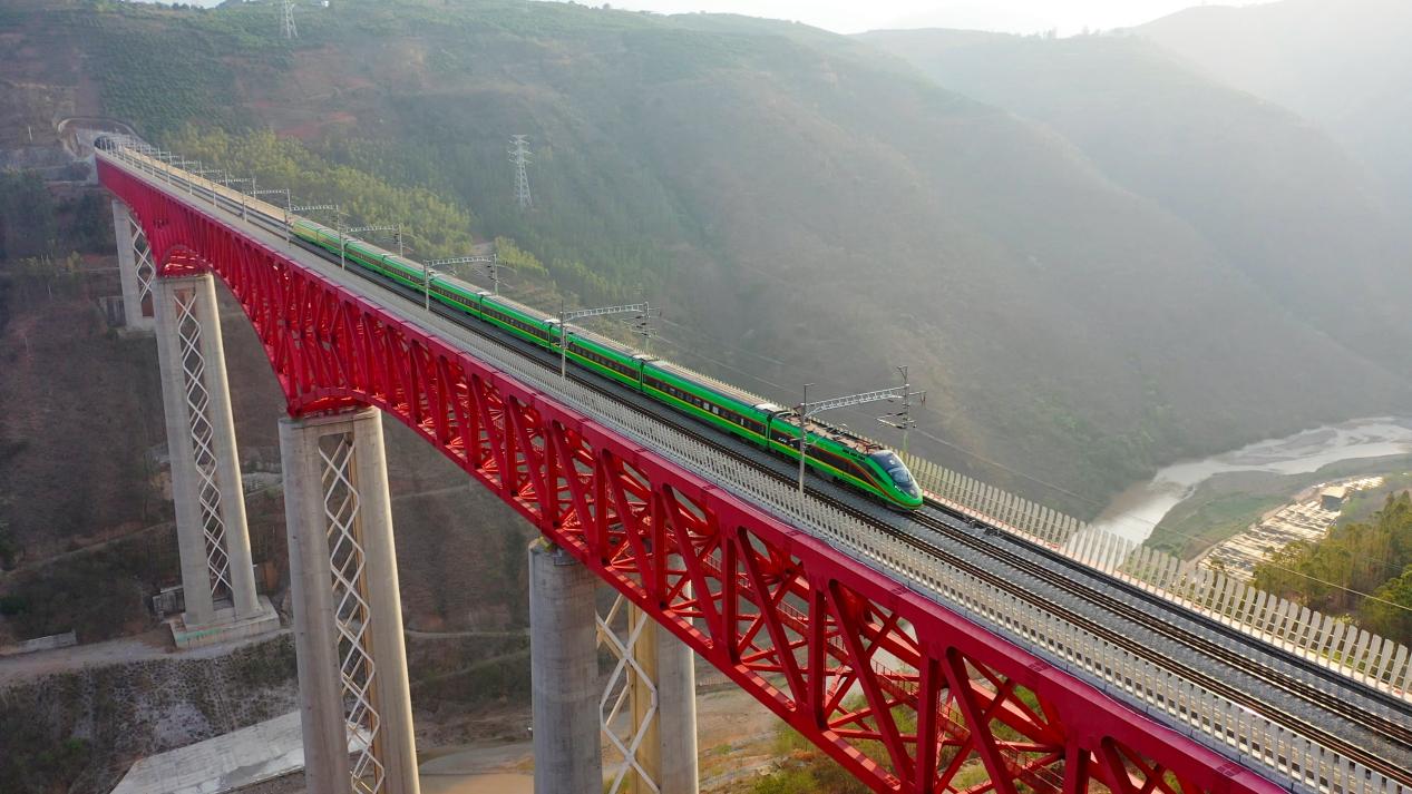 中老铁路国际旅客列车在云南省境内的元江特大桥上飞驰。姚巍摄