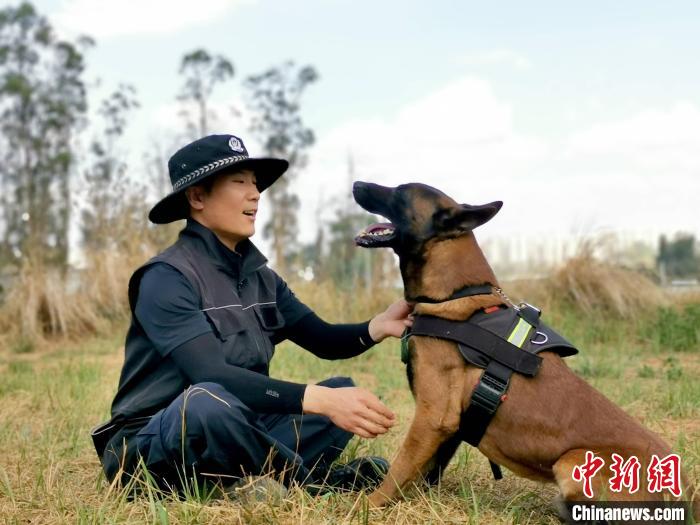 图为警犬训导员张龙与缉毒犬“飞虎”。　普洱边境管理支队供图