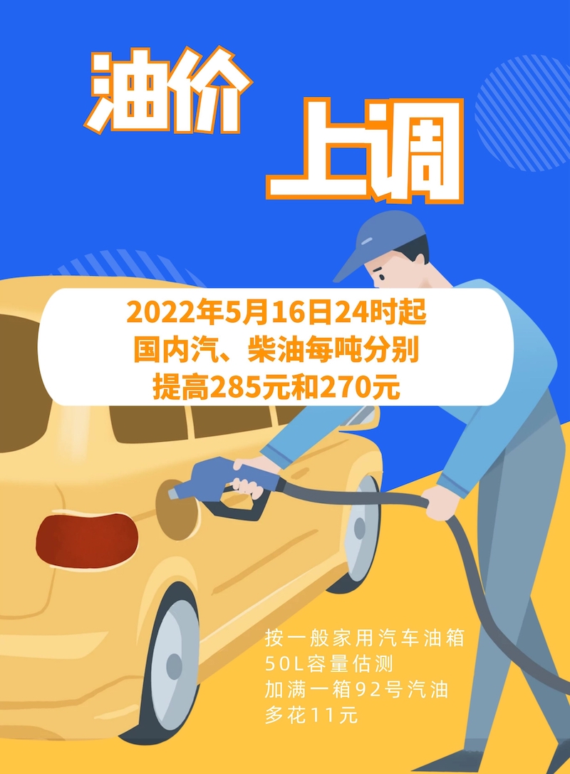 5月16日24时油价上调 加满一箱多花11元